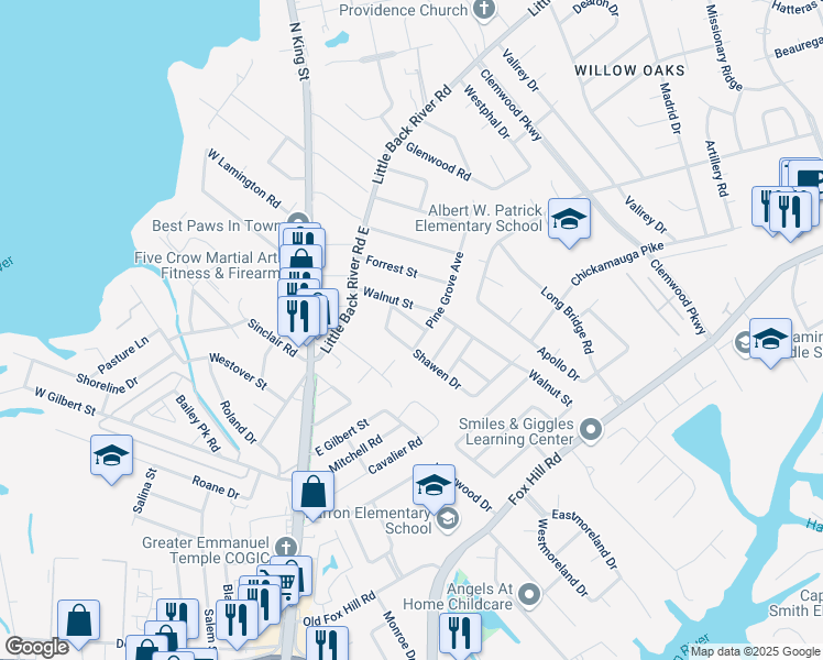 map of restaurants, bars, coffee shops, grocery stores, and more near 200 Hickory Street in Hampton
