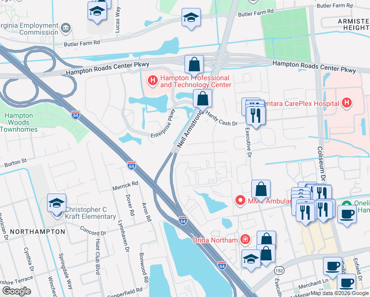 map of restaurants, bars, coffee shops, grocery stores, and more near 68 Terri Sue Court in Hampton