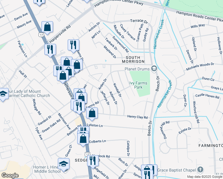 map of restaurants, bars, coffee shops, grocery stores, and more near 90 Kendall Drive in Newport News