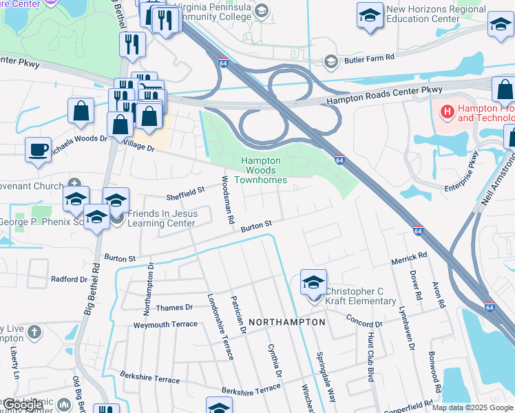 map of restaurants, bars, coffee shops, grocery stores, and more near 4 Woodcreek Court in Hampton