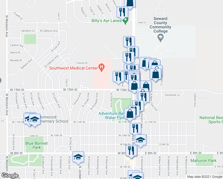 map of restaurants, bars, coffee shops, grocery stores, and more near 301 West 15th Street in Liberal