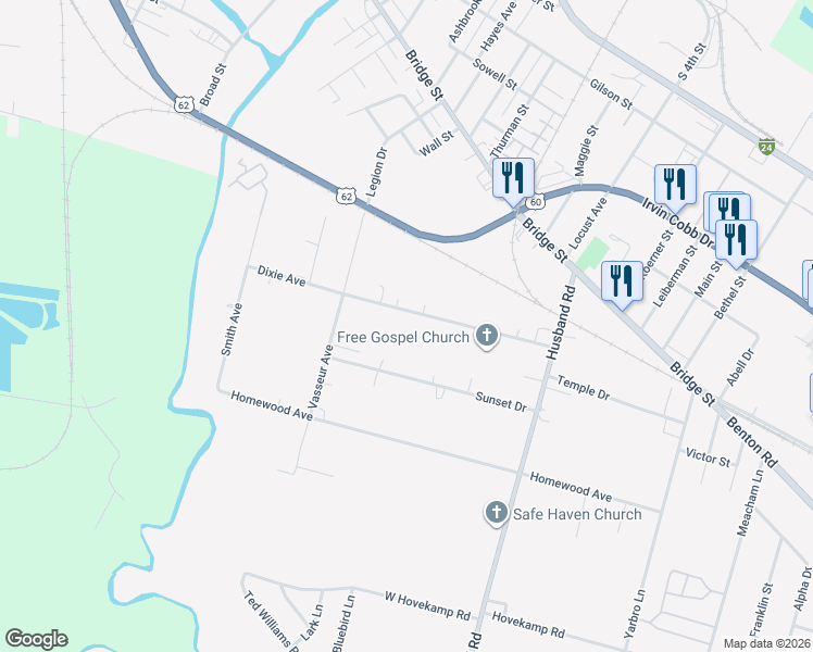 map of restaurants, bars, coffee shops, grocery stores, and more near 2101-2299 Dixie Avenue in Paducah