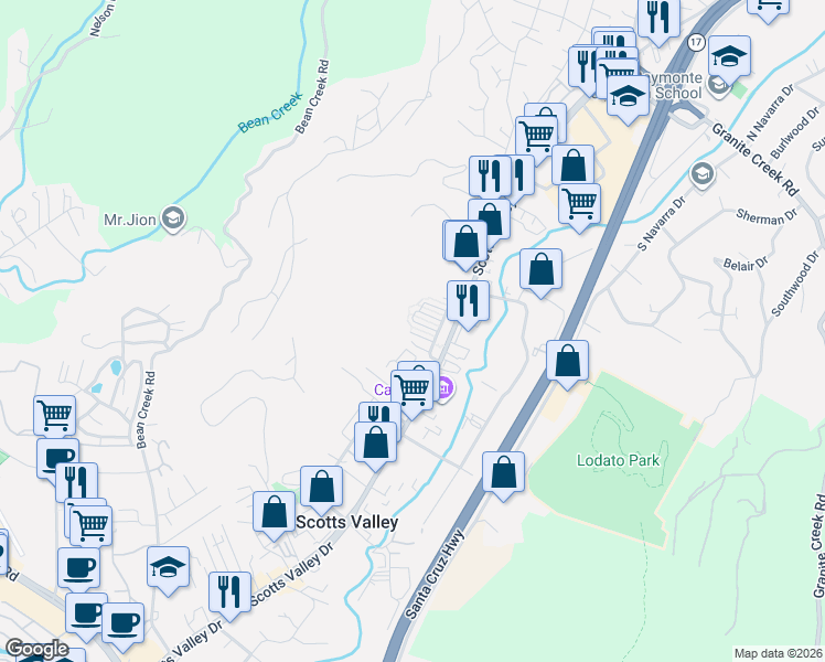 map of restaurants, bars, coffee shops, grocery stores, and more near 311 Harvest Lane in Scotts Valley
