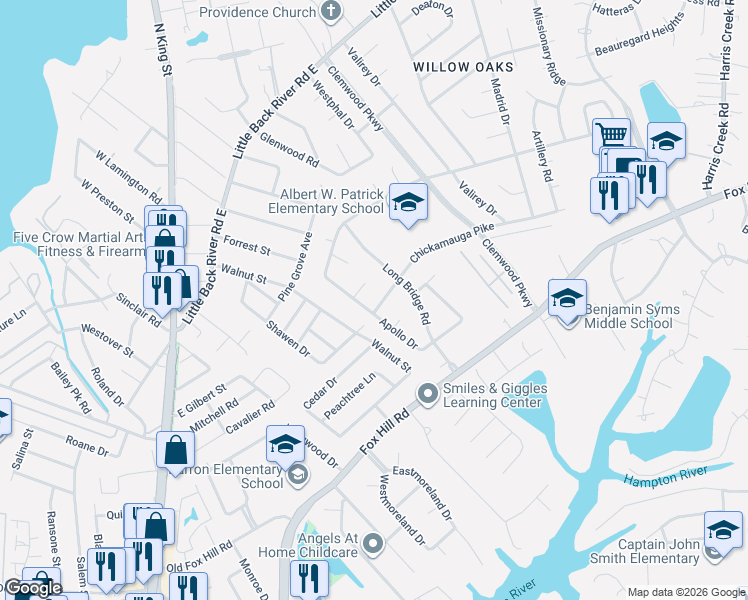 map of restaurants, bars, coffee shops, grocery stores, and more near 7 Chickamauga Pike in Hampton