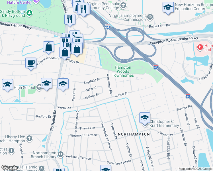map of restaurants, bars, coffee shops, grocery stores, and more near 16 Woodsman Road in Hampton