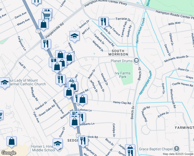 map of restaurants, bars, coffee shops, grocery stores, and more near 90 Kendall Drive in Newport News