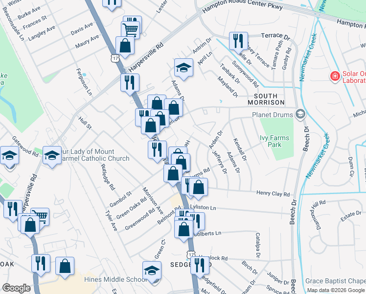 map of restaurants, bars, coffee shops, grocery stores, and more near 100 Tricia Lane in Newport News