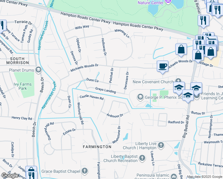 map of restaurants, bars, coffee shops, grocery stores, and more near 94 Grays Landing in Hampton