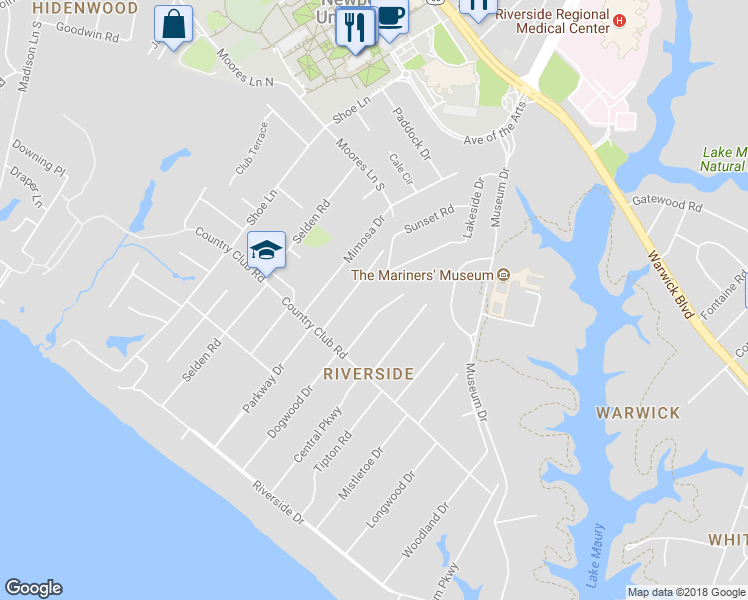 map of restaurants, bars, coffee shops, grocery stores, and more near 317 Dogwood Drive in Newport News