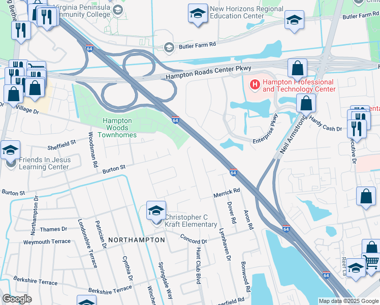 map of restaurants, bars, coffee shops, grocery stores, and more near 339 Bromsgrove Drive in Hampton