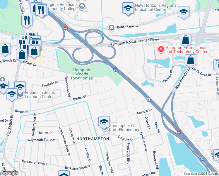 map of restaurants, bars, coffee shops, grocery stores, and more near 498 Burton St in Hampton