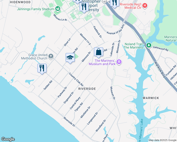 map of restaurants, bars, coffee shops, grocery stores, and more near 317 Dogwood Drive in Newport News