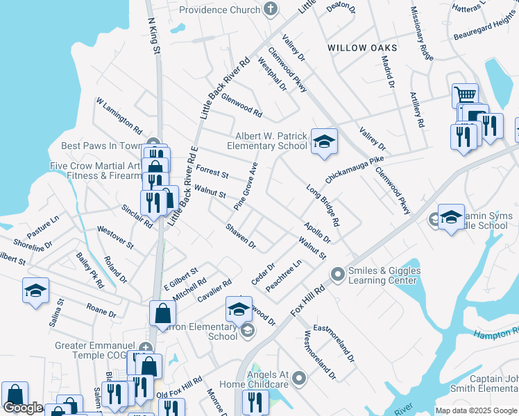 map of restaurants, bars, coffee shops, grocery stores, and more near 311 Walnut Street in Hampton