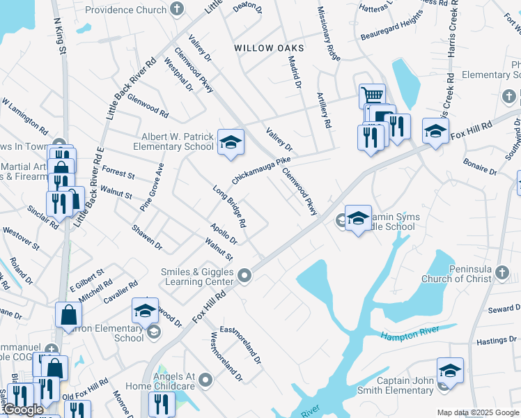 map of restaurants, bars, coffee shops, grocery stores, and more near 124 Quaker Road in Hampton