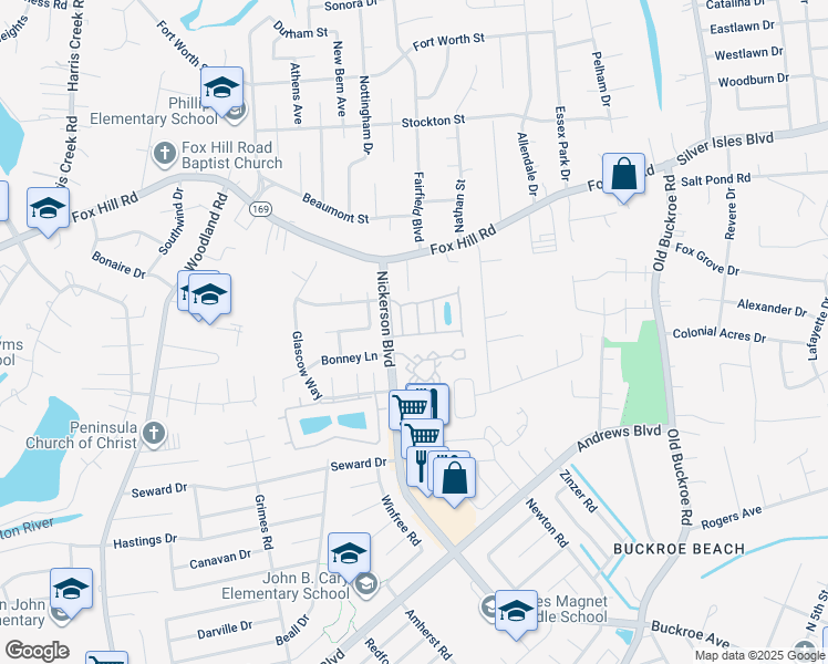 map of restaurants, bars, coffee shops, grocery stores, and more near 18 Marigold Lane in Hampton