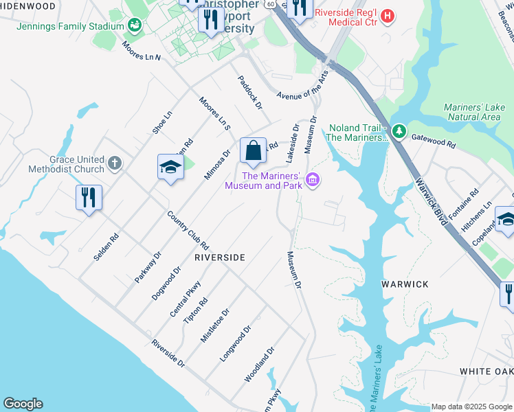 map of restaurants, bars, coffee shops, grocery stores, and more near 325 Central Parkway in Newport News