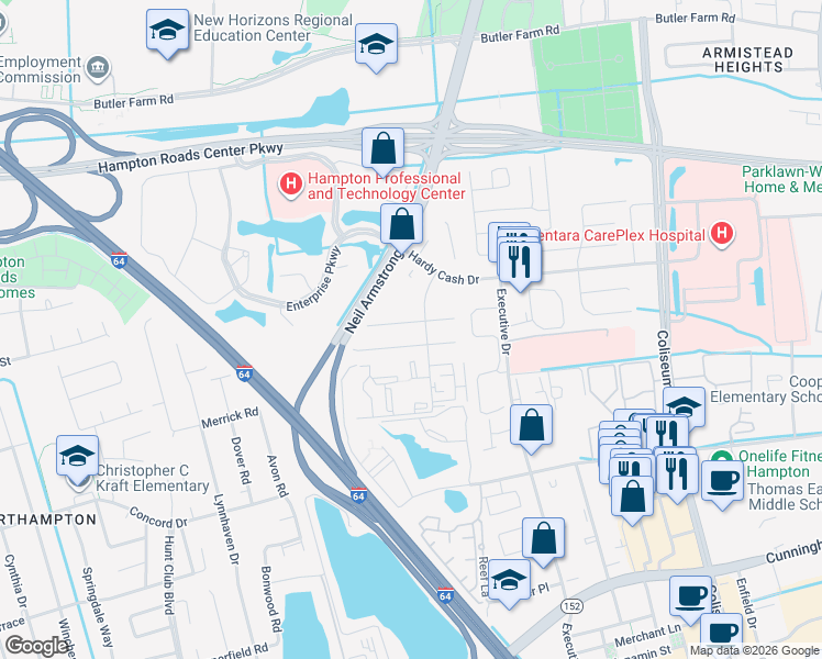 map of restaurants, bars, coffee shops, grocery stores, and more near 15 Terri Sue Court in Hampton