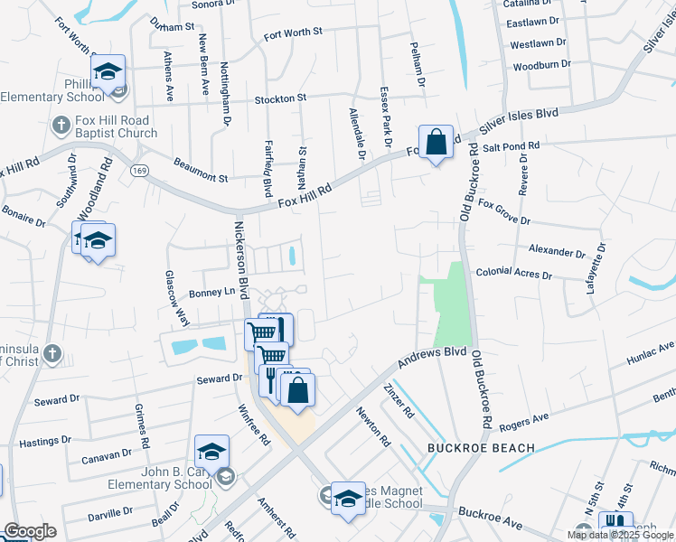 map of restaurants, bars, coffee shops, grocery stores, and more near 5 Alton Court in Hampton
