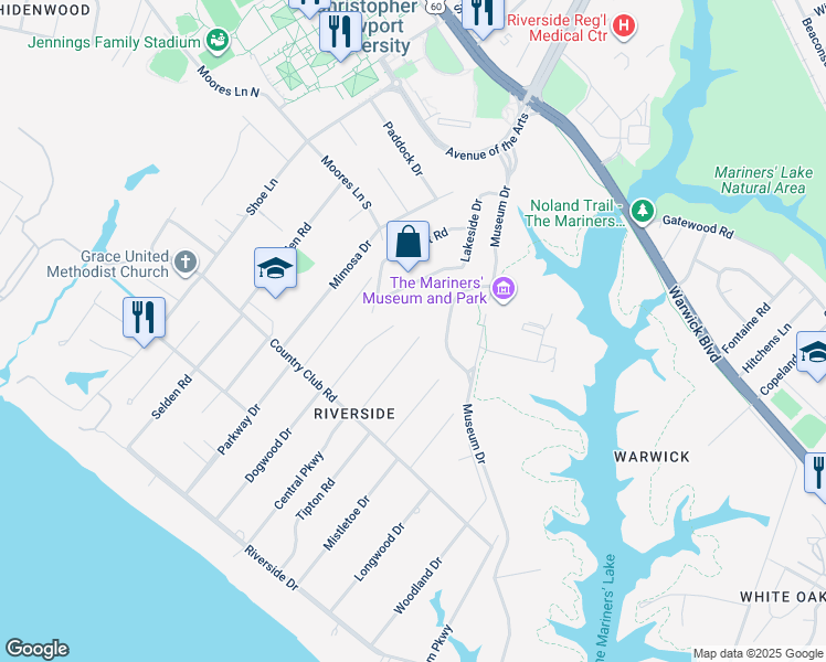 map of restaurants, bars, coffee shops, grocery stores, and more near 325 Central Parkway in Newport News