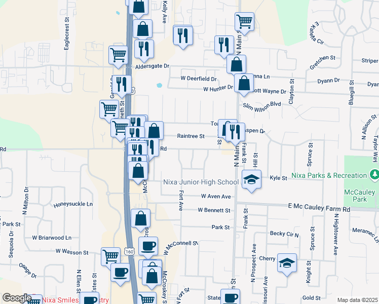 map of restaurants, bars, coffee shops, grocery stores, and more near 713 North Delaware Avenue in Nixa