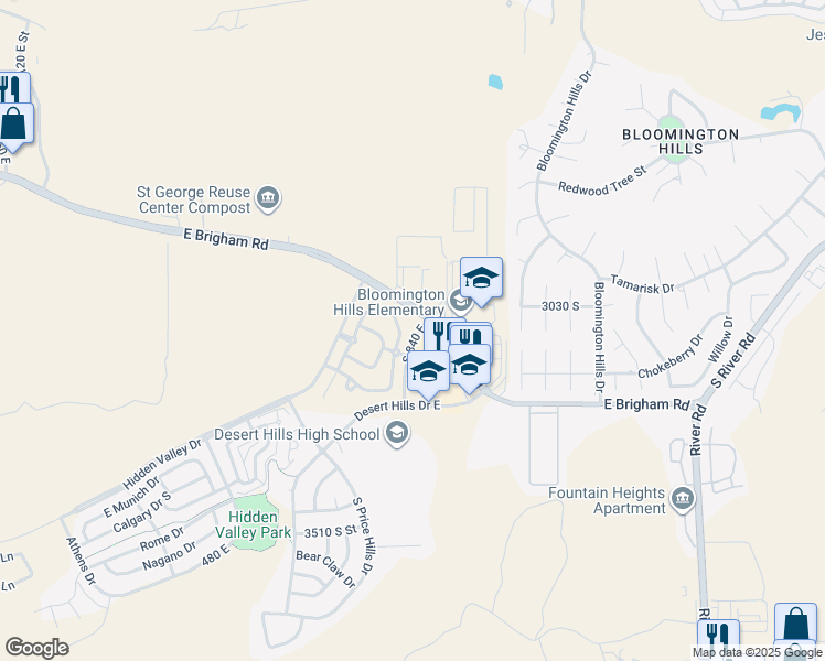 map of restaurants, bars, coffee shops, grocery stores, and more near 3143 South 840 East in St. George