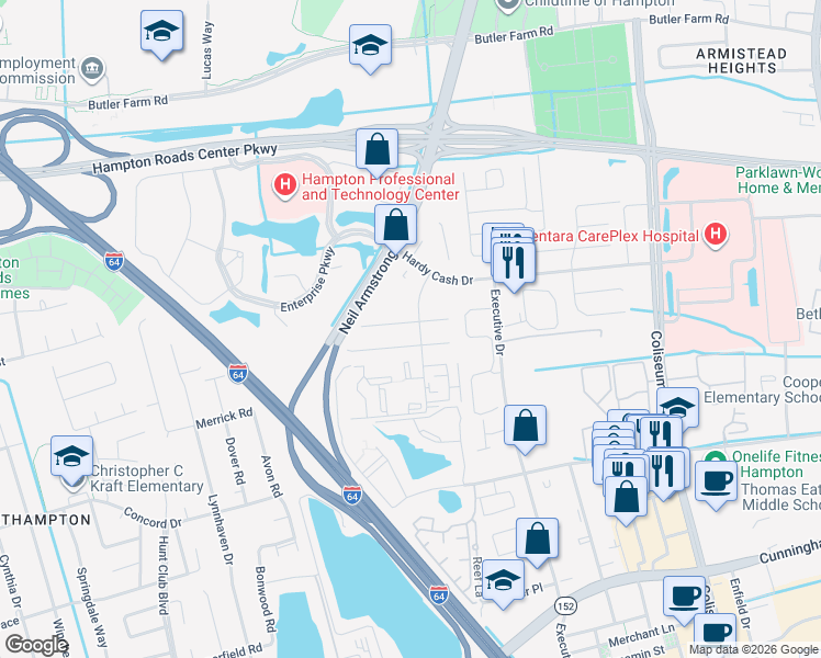 map of restaurants, bars, coffee shops, grocery stores, and more near 15 Terri Sue Court in Hampton