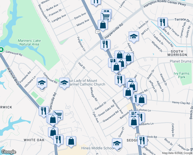map of restaurants, bars, coffee shops, grocery stores, and more near 104 Hull Street in Newport News