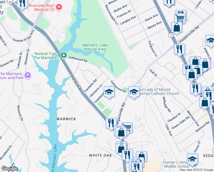 map of restaurants, bars, coffee shops, grocery stores, and more near 10 Copeland Lane in Newport News