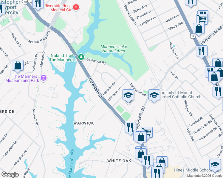 map of restaurants, bars, coffee shops, grocery stores, and more near 21 Fontaine Road in Newport News