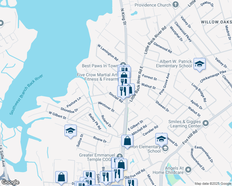 map of restaurants, bars, coffee shops, grocery stores, and more near 18 Sinclair Rd in Hampton