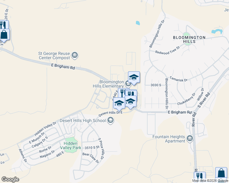 map of restaurants, bars, coffee shops, grocery stores, and more near 3143 South 840 East in St. George