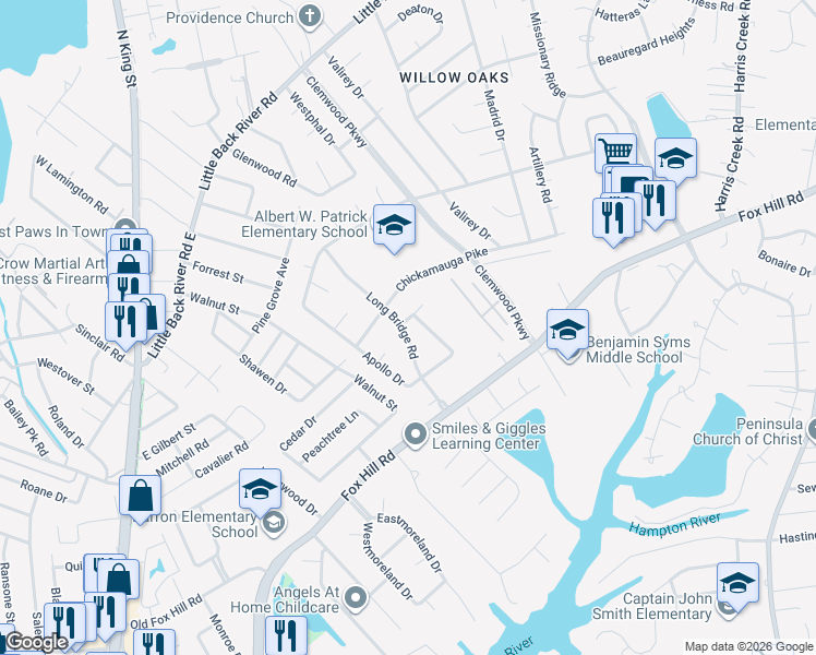 map of restaurants, bars, coffee shops, grocery stores, and more near 100 Bear Creek Crossing in Hampton