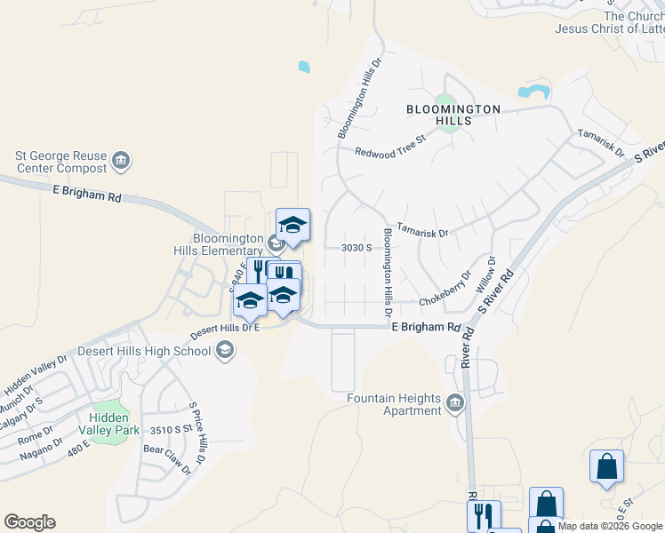 map of restaurants, bars, coffee shops, grocery stores, and more near 3045 Beech St in St George