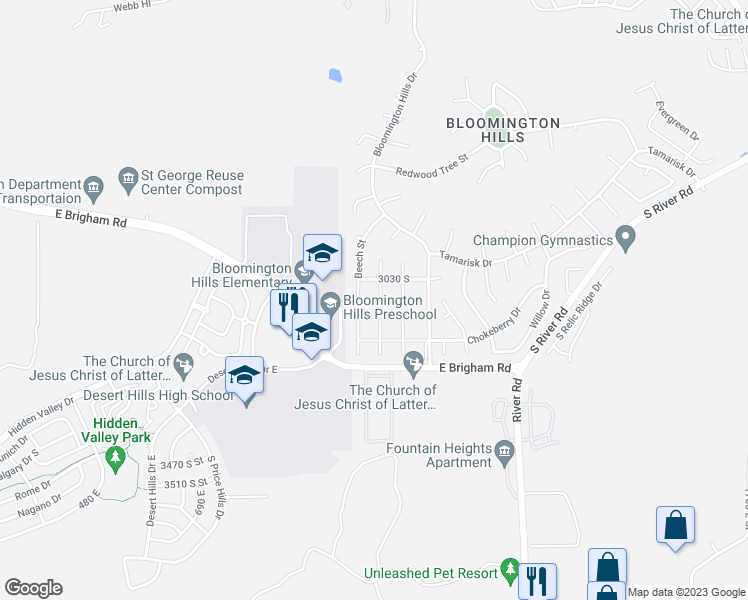 map of restaurants, bars, coffee shops, grocery stores, and more near 3044 Bayberry Circle in Saint George