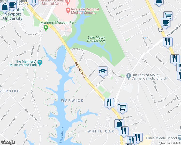 map of restaurants, bars, coffee shops, grocery stores, and more near 21 Fontaine Road in Newport News