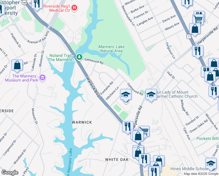 map of restaurants, bars, coffee shops, grocery stores, and more near 21 Fontaine Road in Newport News