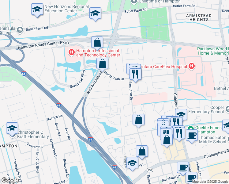 map of restaurants, bars, coffee shops, grocery stores, and more near 18 Christine Court in Hampton