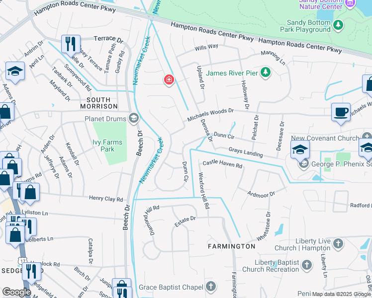 map of restaurants, bars, coffee shops, grocery stores, and more near 203 Dunn Circle in Hampton