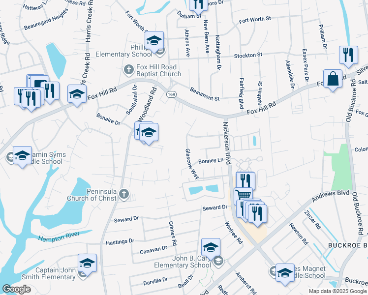 map of restaurants, bars, coffee shops, grocery stores, and more near 113 Glascow Way in Hampton