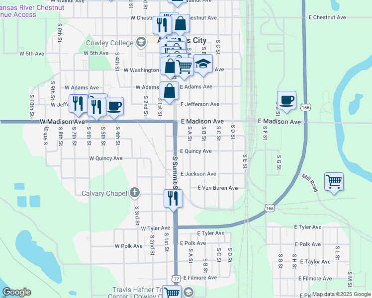 map of restaurants, bars, coffee shops, grocery stores, and more near 721 S A St in Arkansas City