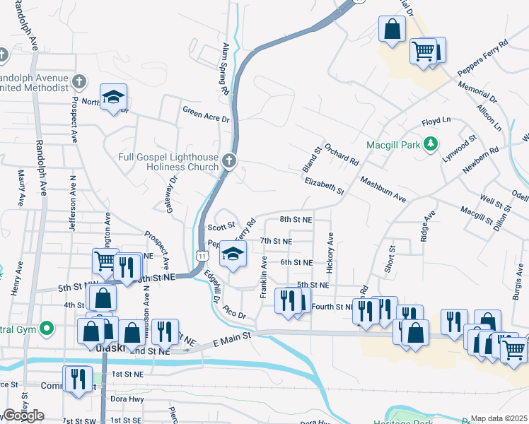 map of restaurants, bars, coffee shops, grocery stores, and more near 705 Peppers Ferry Road in Pulaski