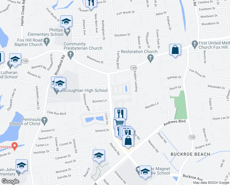 map of restaurants, bars, coffee shops, grocery stores, and more near 17 Aster Way in Hampton