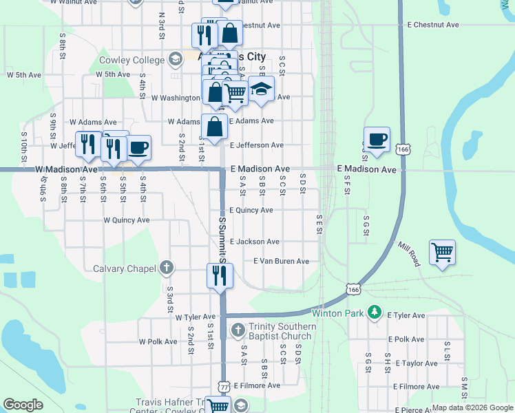 map of restaurants, bars, coffee shops, grocery stores, and more near 721 South B Street in Arkansas City