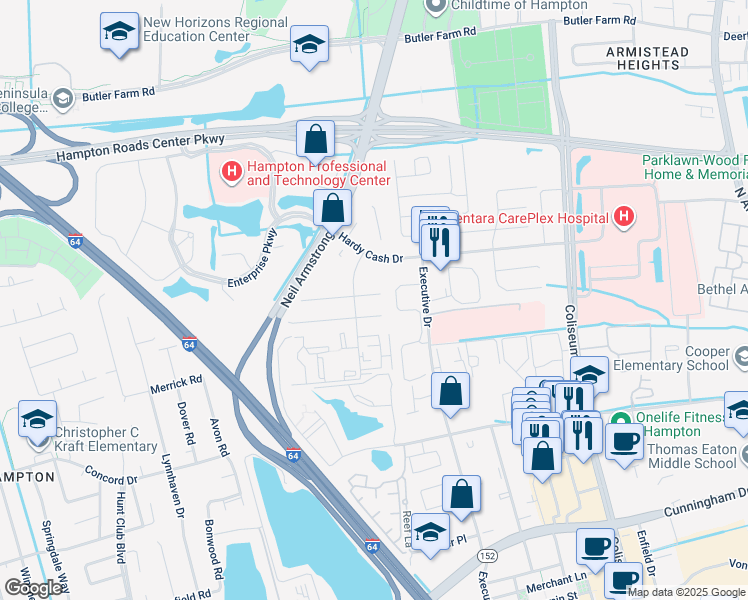 map of restaurants, bars, coffee shops, grocery stores, and more near 20 Christine Court in Hampton