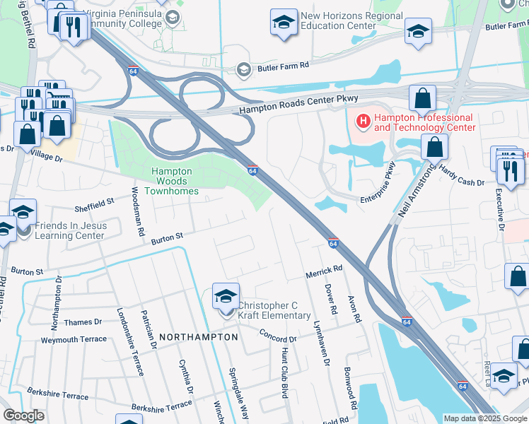 map of restaurants, bars, coffee shops, grocery stores, and more near 339 Bromsgrove Drive in Hampton