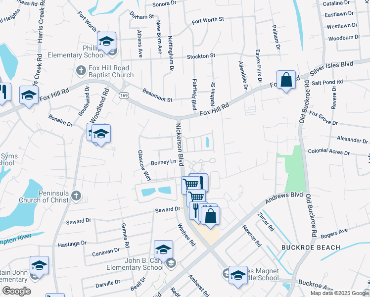 map of restaurants, bars, coffee shops, grocery stores, and more near 16 Aster Way in Hampton