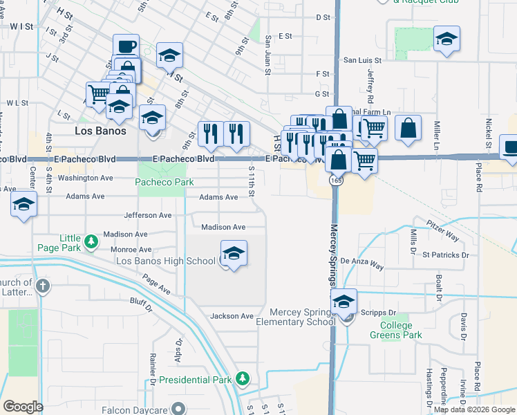 map of restaurants, bars, coffee shops, grocery stores, and more near 1524 South 11th Street in Los Banos