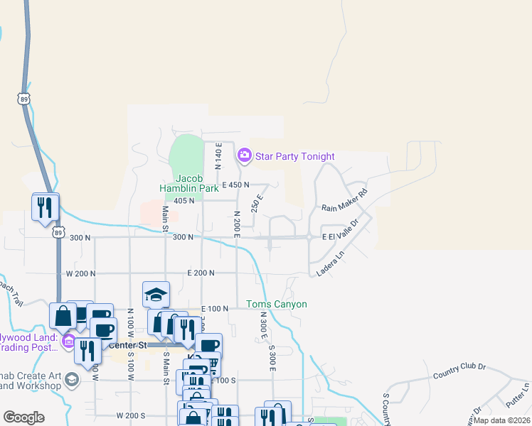 map of restaurants, bars, coffee shops, grocery stores, and more near 323 Vermillion Circle in Kanab