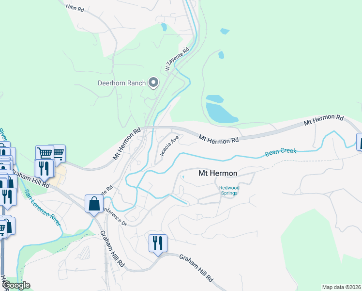 map of restaurants, bars, coffee shops, grocery stores, and more near 4 Canyon Road in Felton