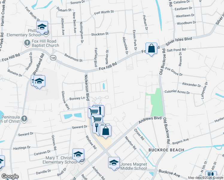map of restaurants, bars, coffee shops, grocery stores, and more near 28 Eagles Landing in Hampton